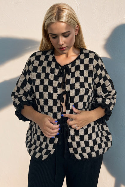 Women’s Checkered Dropped Shoulder Flounce Sleeve Cardigan