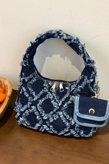 Raw Edge Denim Handbag with Pouch