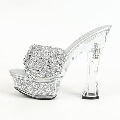 Glass Rhinestone Chunky Heel For Women