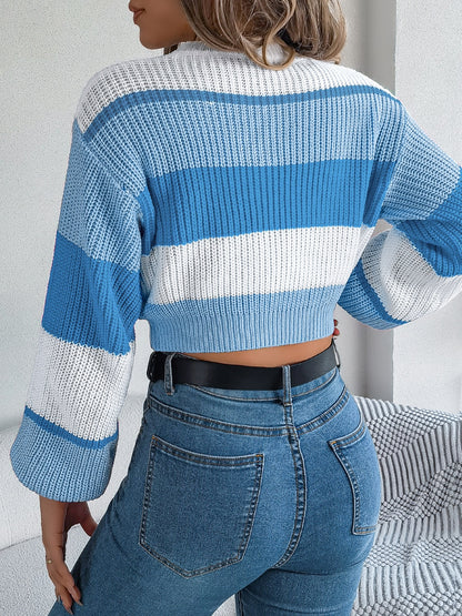 Women’s Color Block Round Neck Cropped Sweater