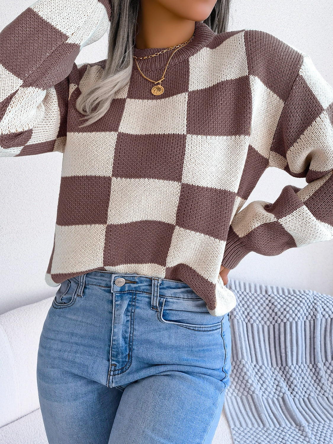 Women’s Checkered Long Sleeve Sweater