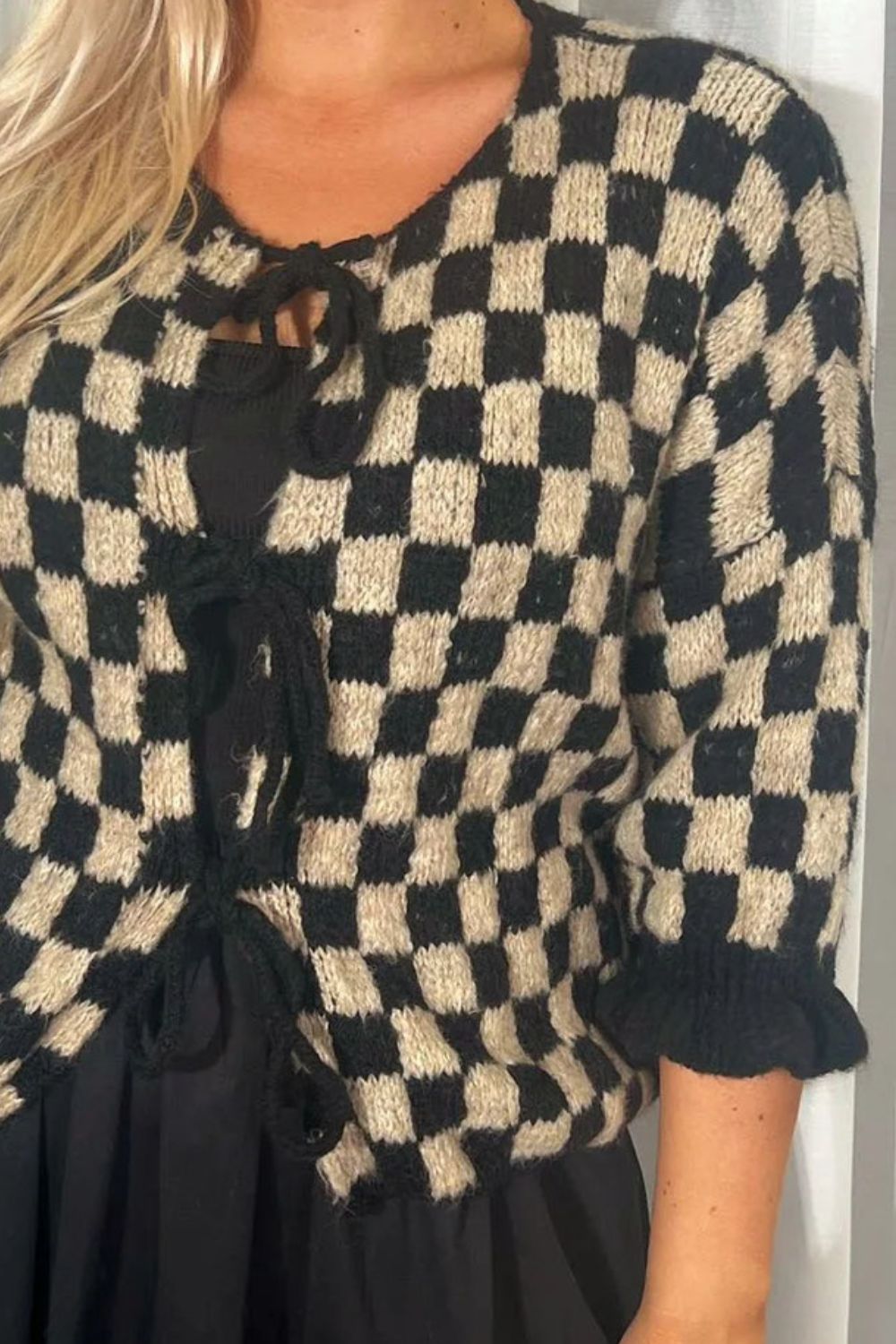 Women’s Checkered Dropped Shoulder Flounce Sleeve Cardigan