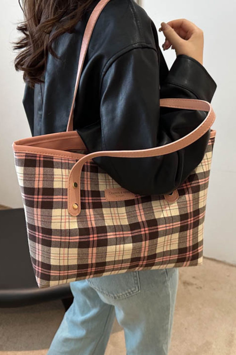 Plaid Leather Tote Bag