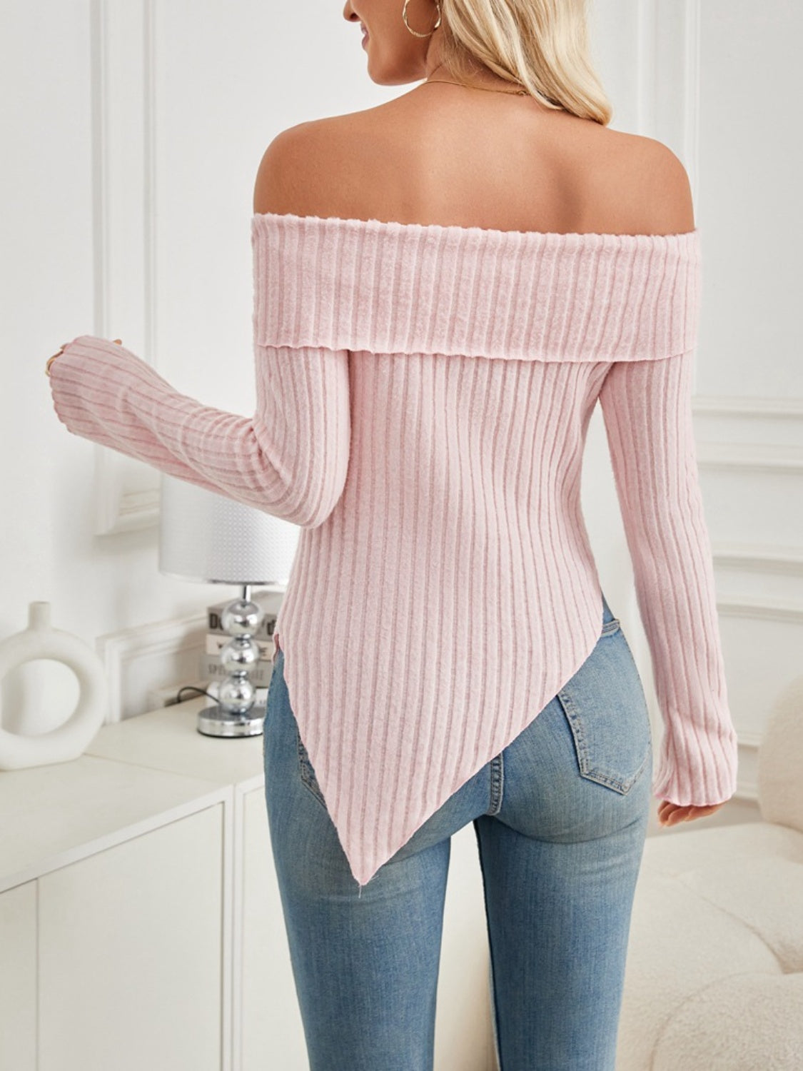 Ribbed Off-Shoulder Long Sleeve T-Shirt