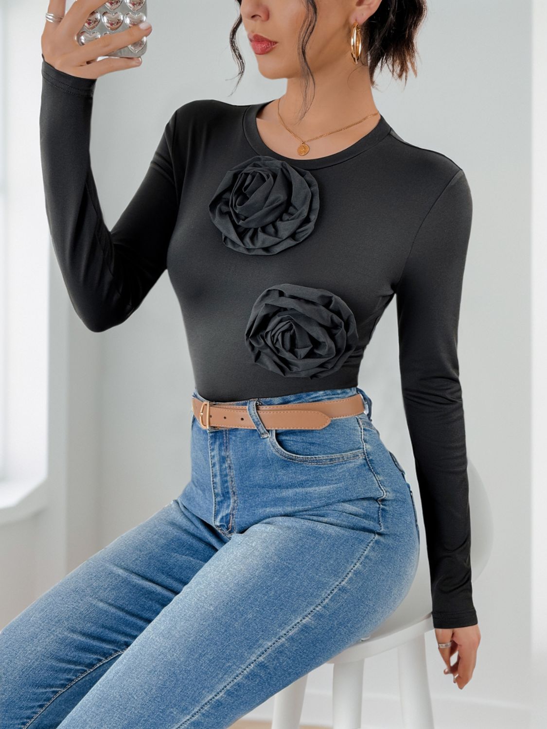 Women’s Flower Round Neck Long Sleeve Bodysuit