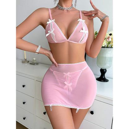 Bow Embroidery Hollow Underwear Suit