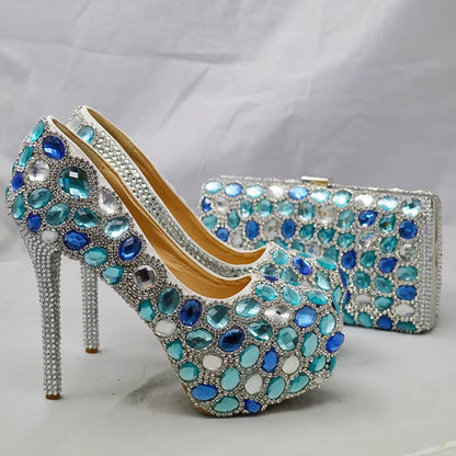 Love Moments Sea Blue Crystal Ladies Wedding Shoes with Matching Bags Galosh Para High Heels Platform Shoes Woman Shoes and Bags