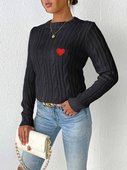 Cable-Knit Heart Round Neck Long Sleeve Sweater