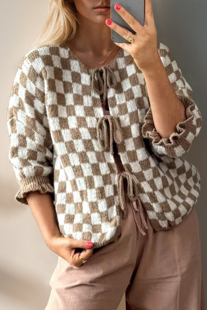 Women’s Checkered Dropped Shoulder Flounce Sleeve Cardigan