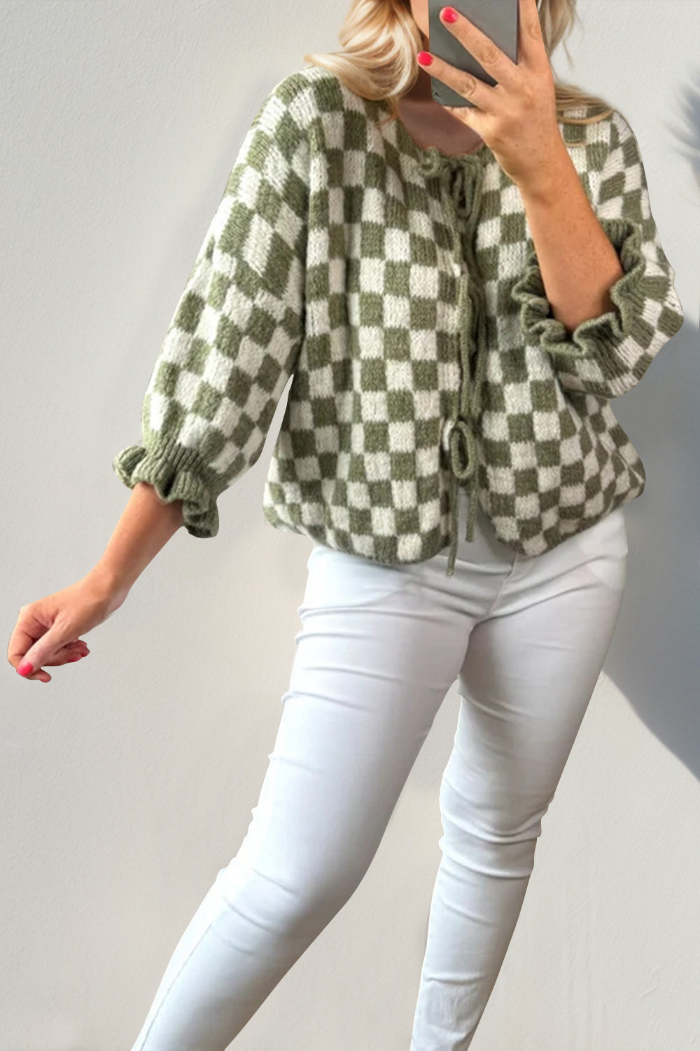 Women’s Checkered Dropped Shoulder Flounce Sleeve Cardigan