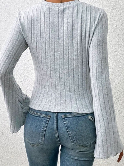 Ribbed Round Neck Flare Sleeve T-Shirt