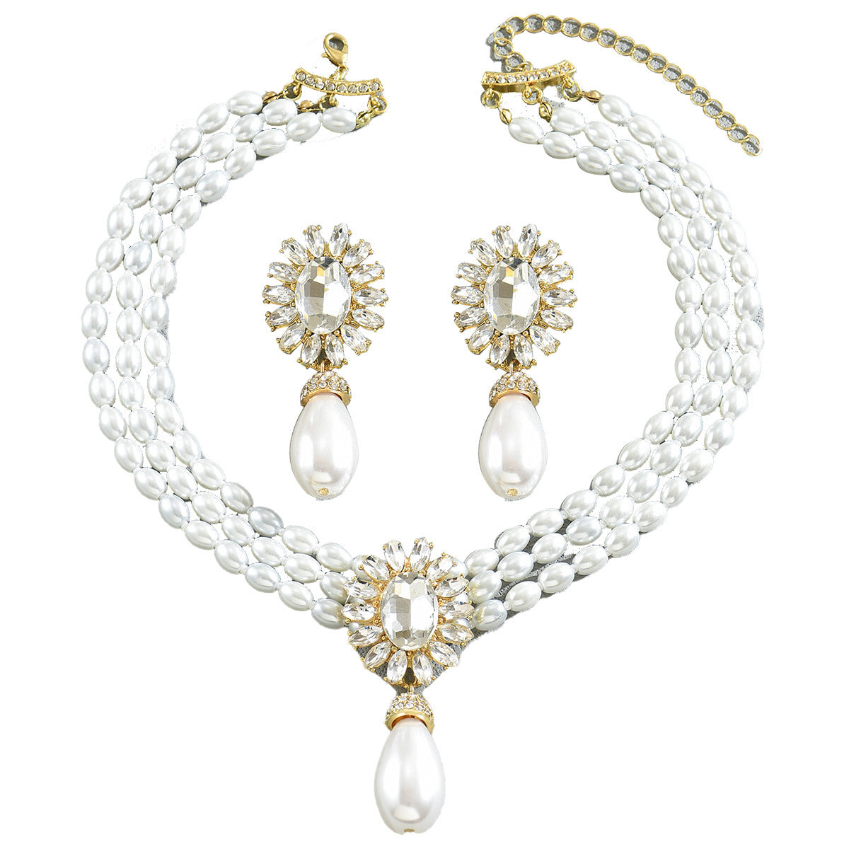 Geometric Women's Pearl Necklace And Earrings Suite