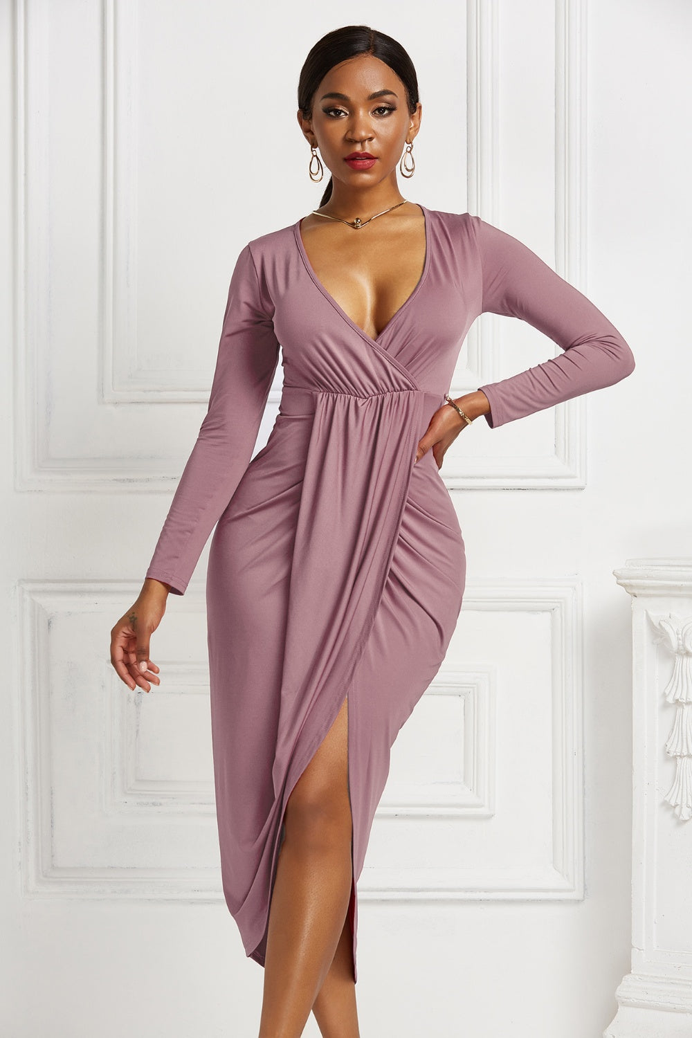 Women’s High-low Ruched Surplice Long Sleeve Dress.