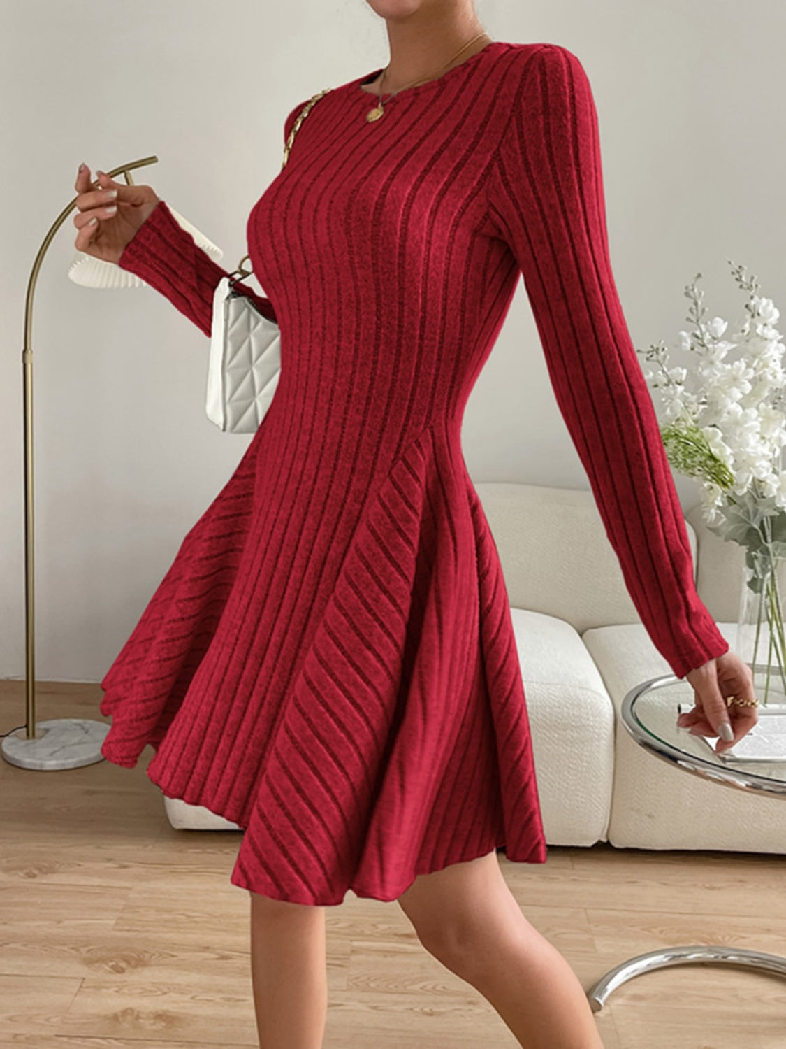 Women’s Ribbed Round Neck Long Sleeve Dress