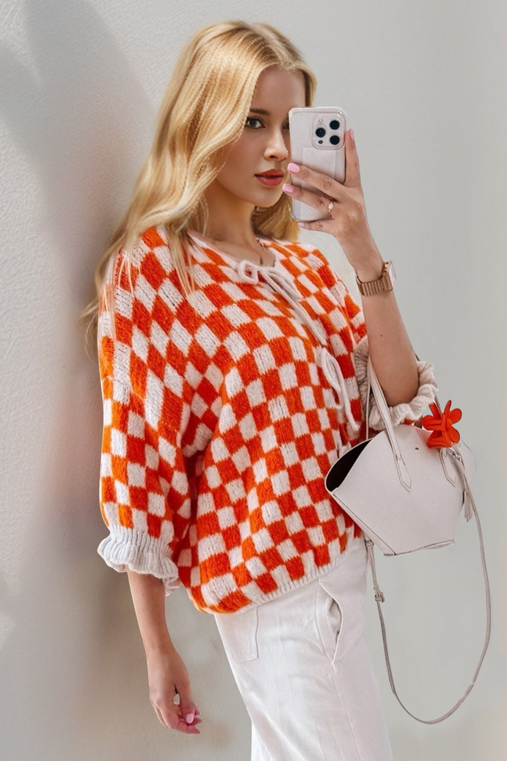 Women’s Checkered Dropped Shoulder Flounce Sleeve Cardigan