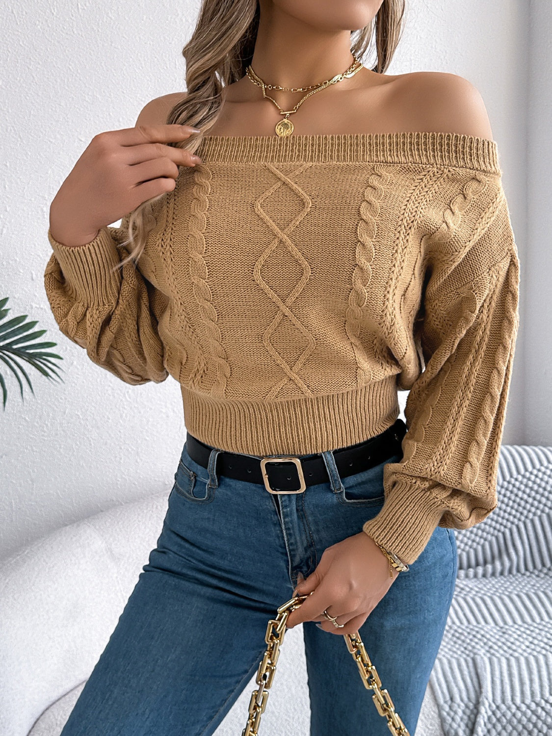 Off-Shoulder Long Sleeve Sweater.