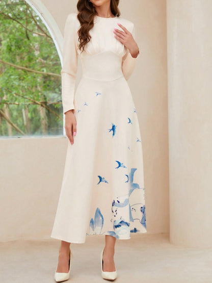 Women’s Printed Round Neck Long Sleeve Midi Dress