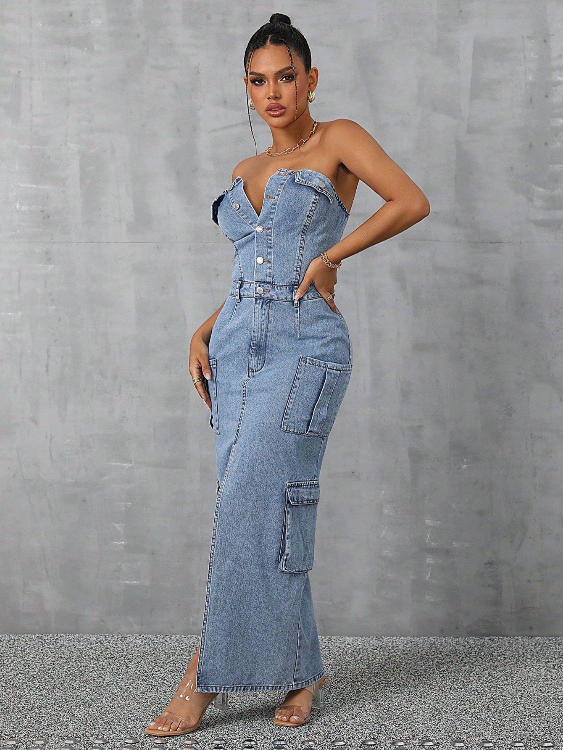 Women’s Slit Half Button Tube Denim Dress