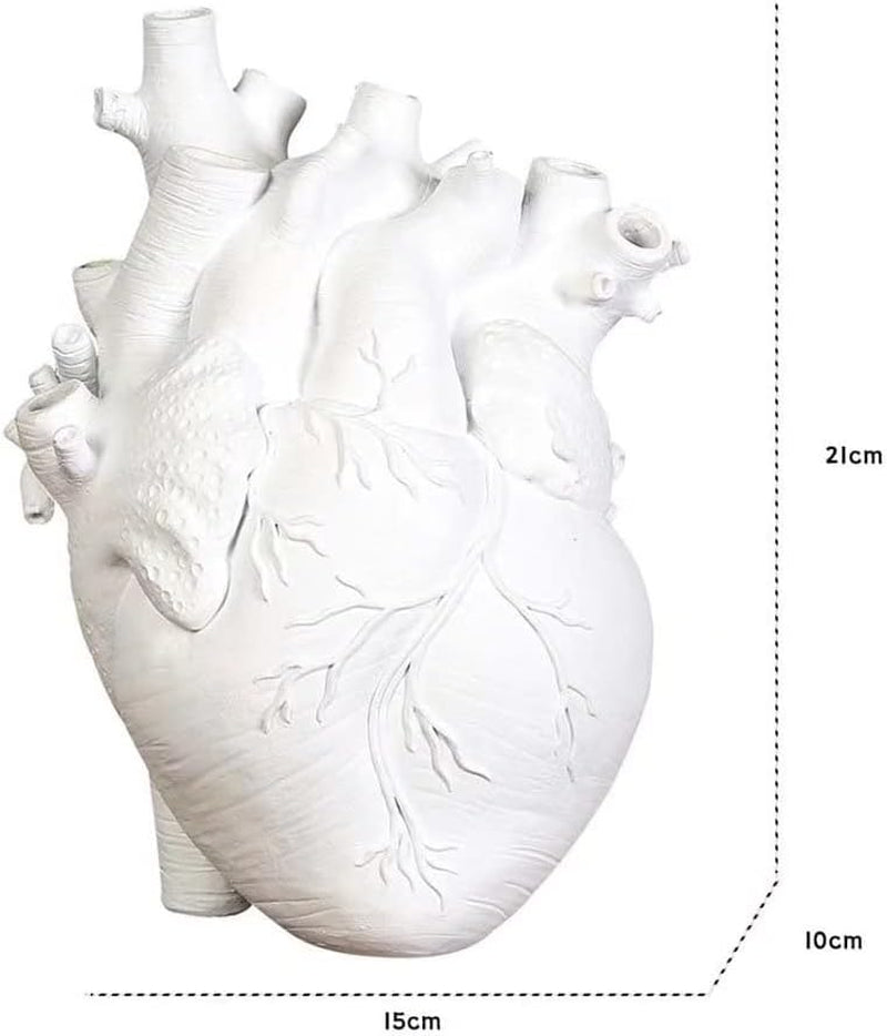 Anatomical Heart Vase for Flowers, Creative Resin Flower Pot Creative Heart Shaped Vase Countertop Desktop Ornament Table Desk Décor, White