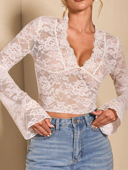 V-Neck Flare Sleeve Lace Top