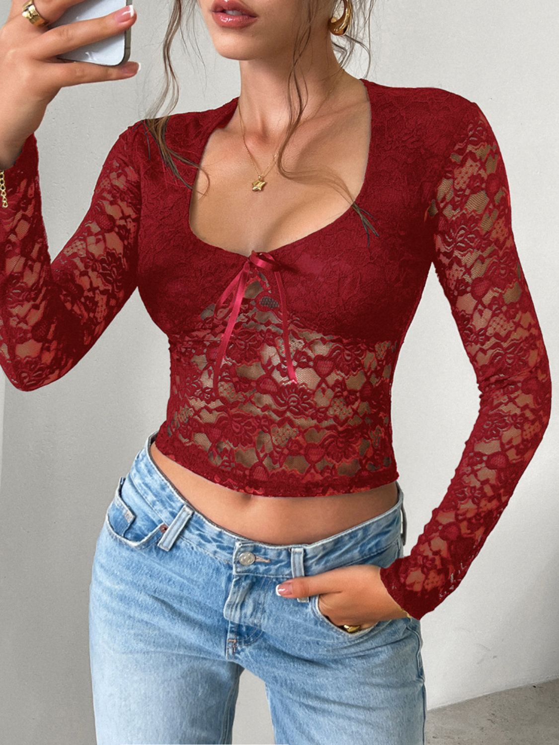 Scoop Neck Long Sleeve Lace Top