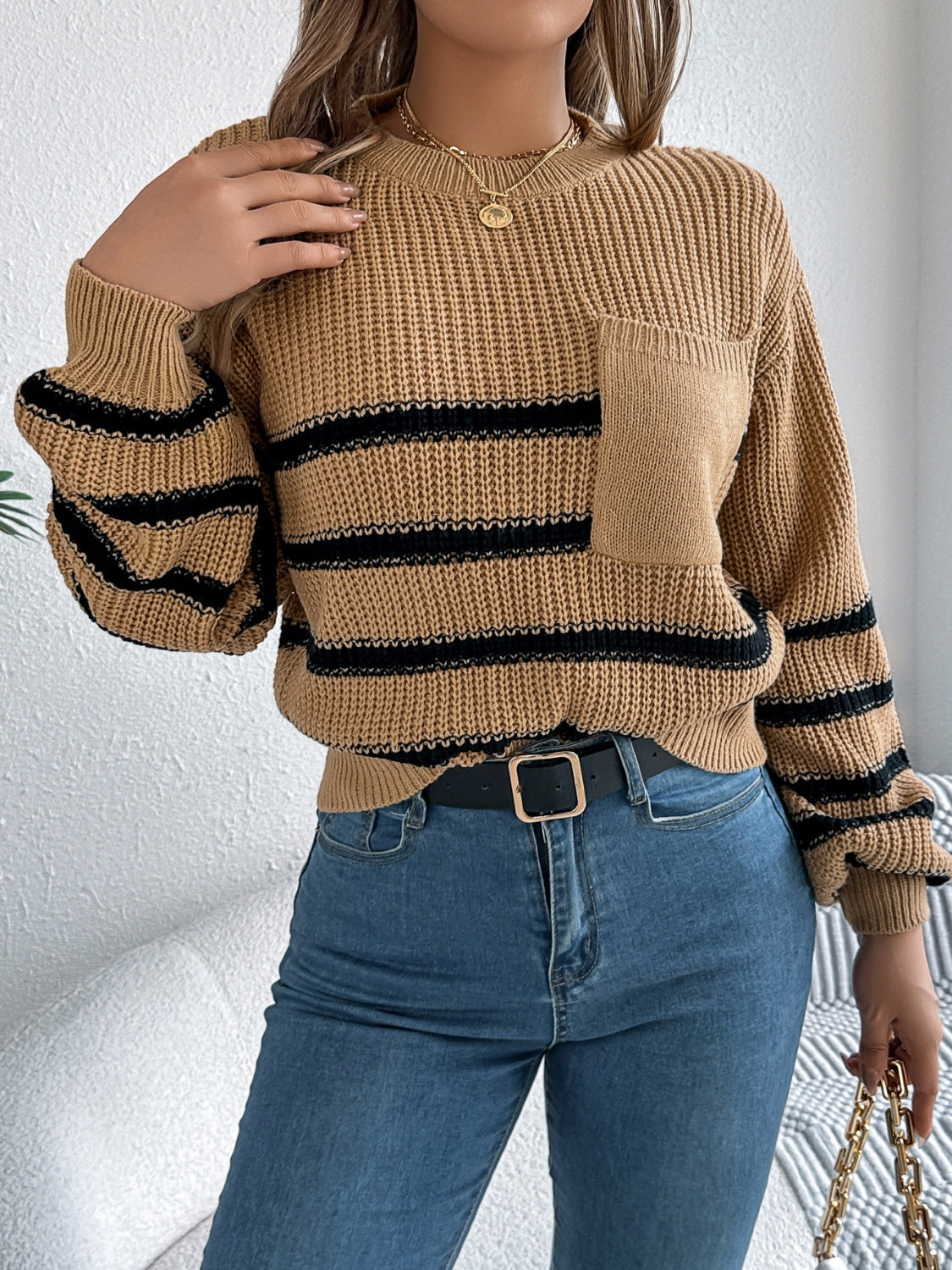 Women’s Striped Round Neck Long Sleeve Sweater