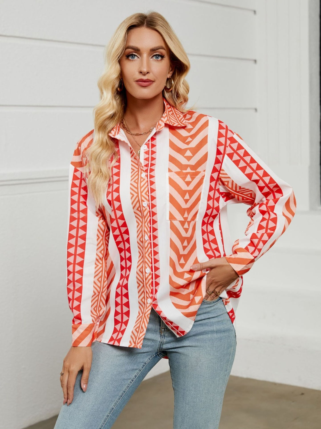 Women’s Geometric Collared Neck Long Sleeve Shirt