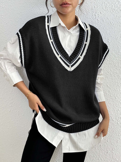 Women’s Pearl Trim Contrast V-Neck Sweater Vest