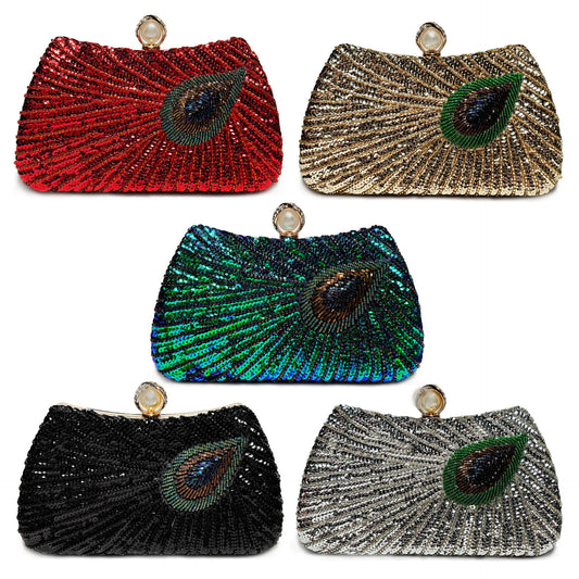 Beaded Peacock Feather Large Pearl Rhinestone Crossbody Shoulder Bag