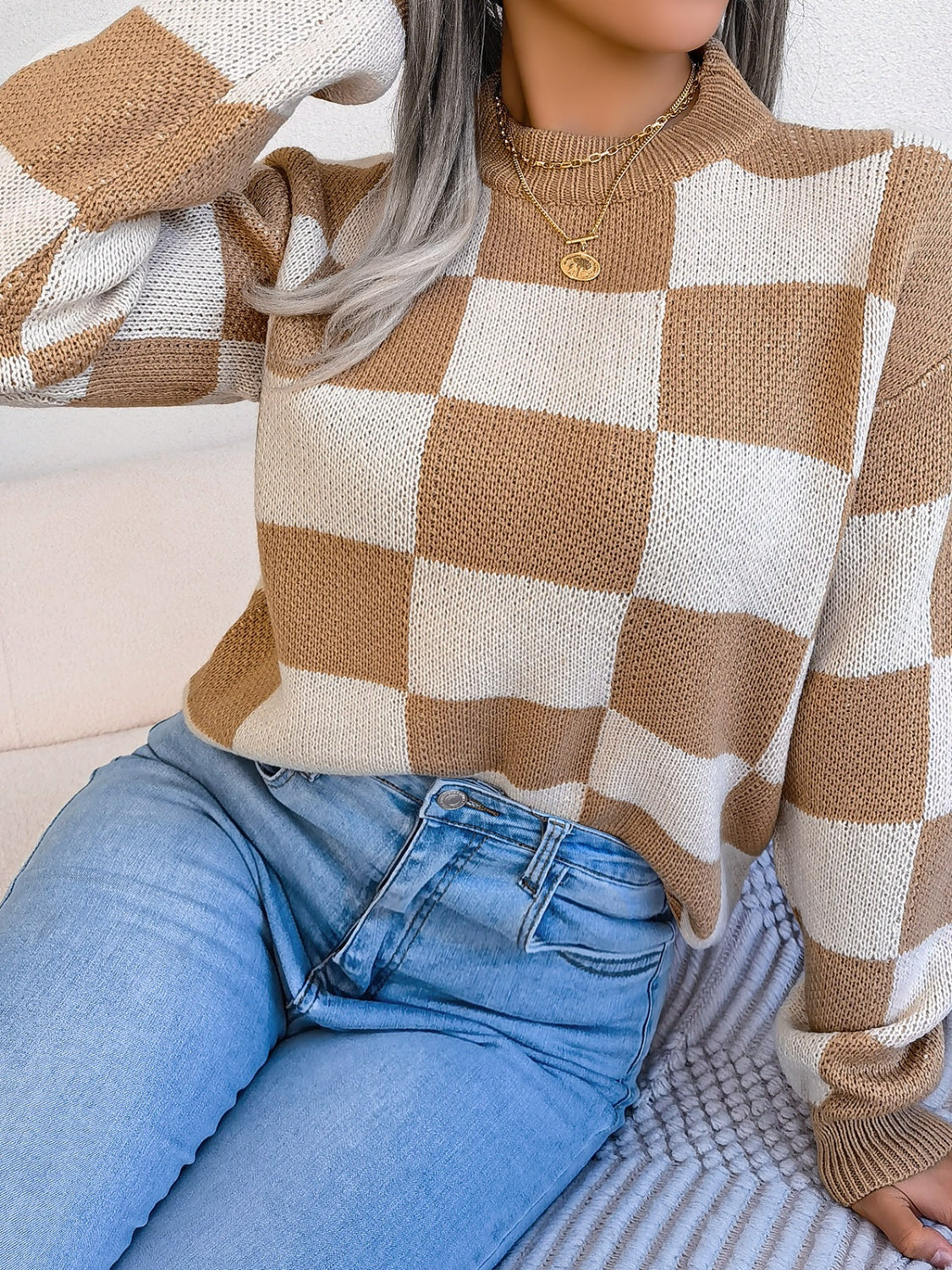 Women’s Checkered Long Sleeve Sweater