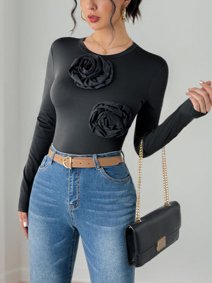 Women’s Flower Round Neck Long Sleeve Bodysuit