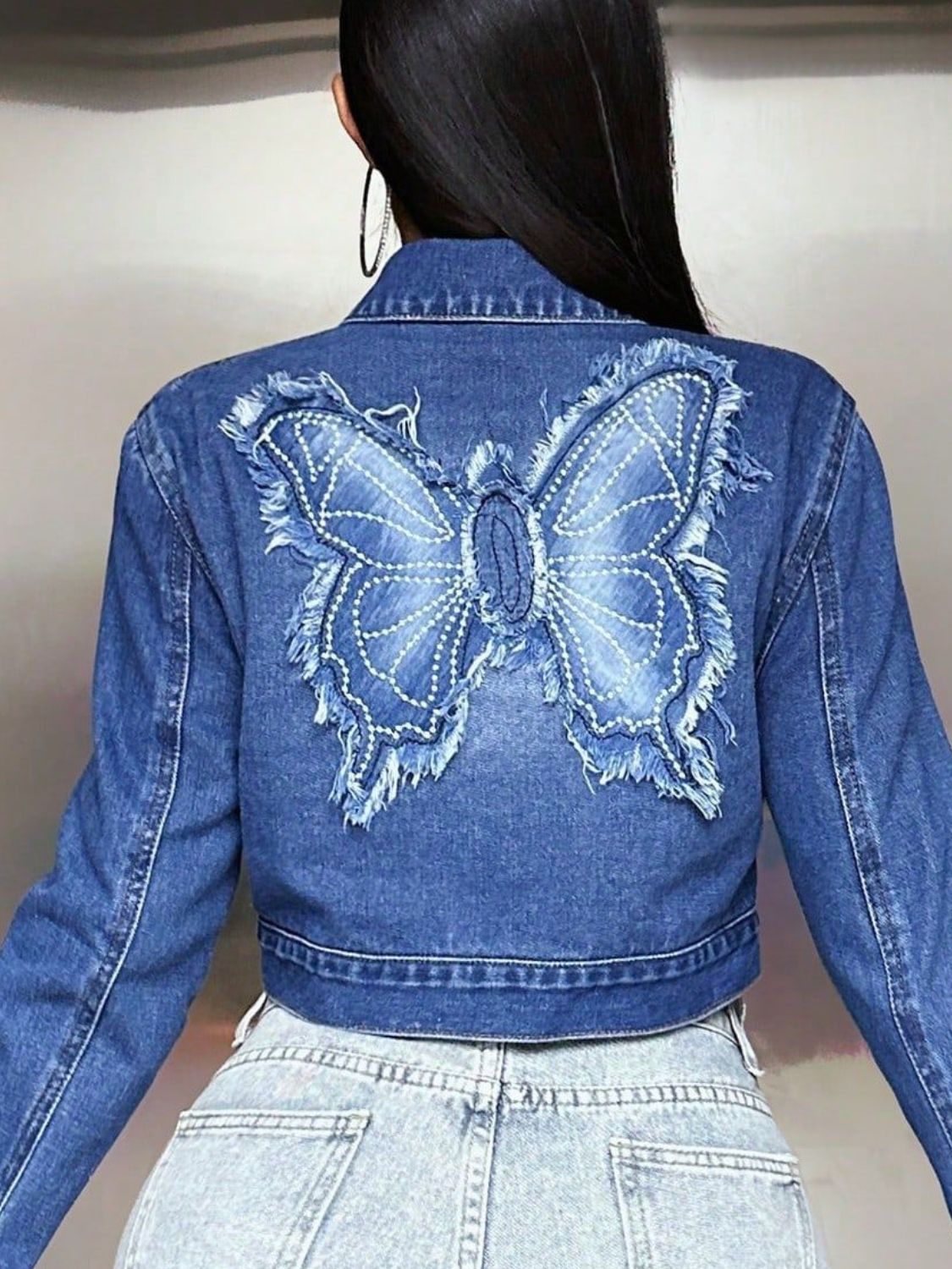 Butterfly Patch Long Sleeve Cropped Denim Top.