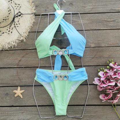 Solid Color Cross Lace-up Split Swimsuit For Women