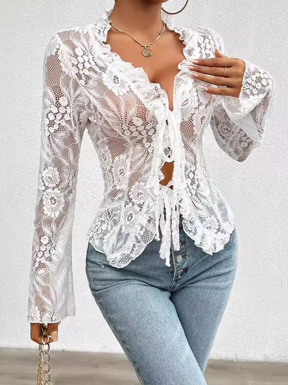 Tied V-Neck Long Sleeve Lace Top