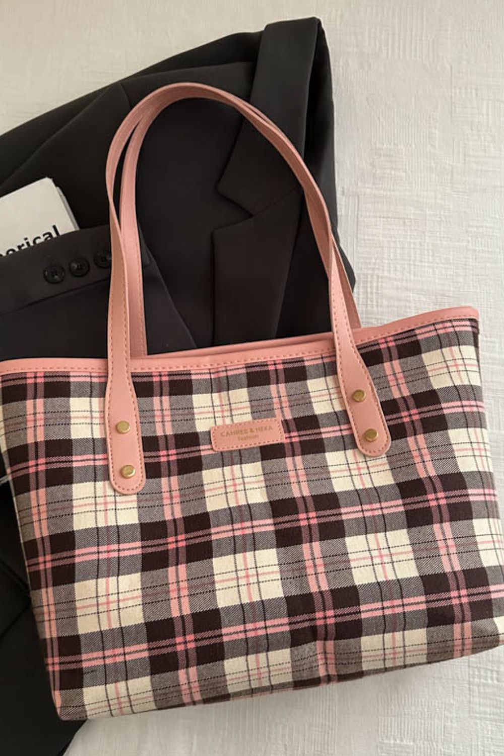 Plaid Leather Tote Bag