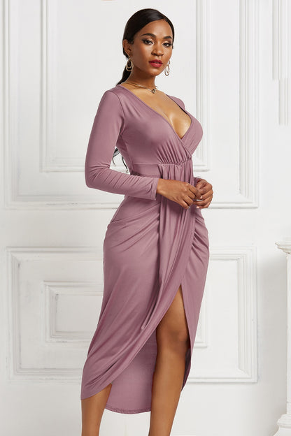 Women’s High-low Ruched Surplice Long Sleeve Dress.