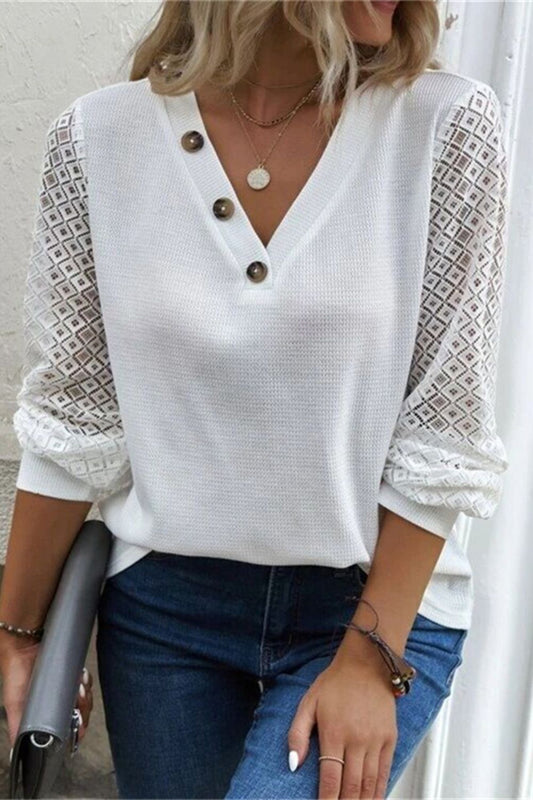 Decorative Button V-Neck Long Sleeve T-Shirt.