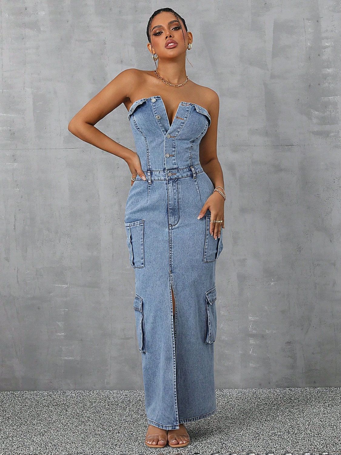 Women’s Slit Half Button Tube Denim Dress