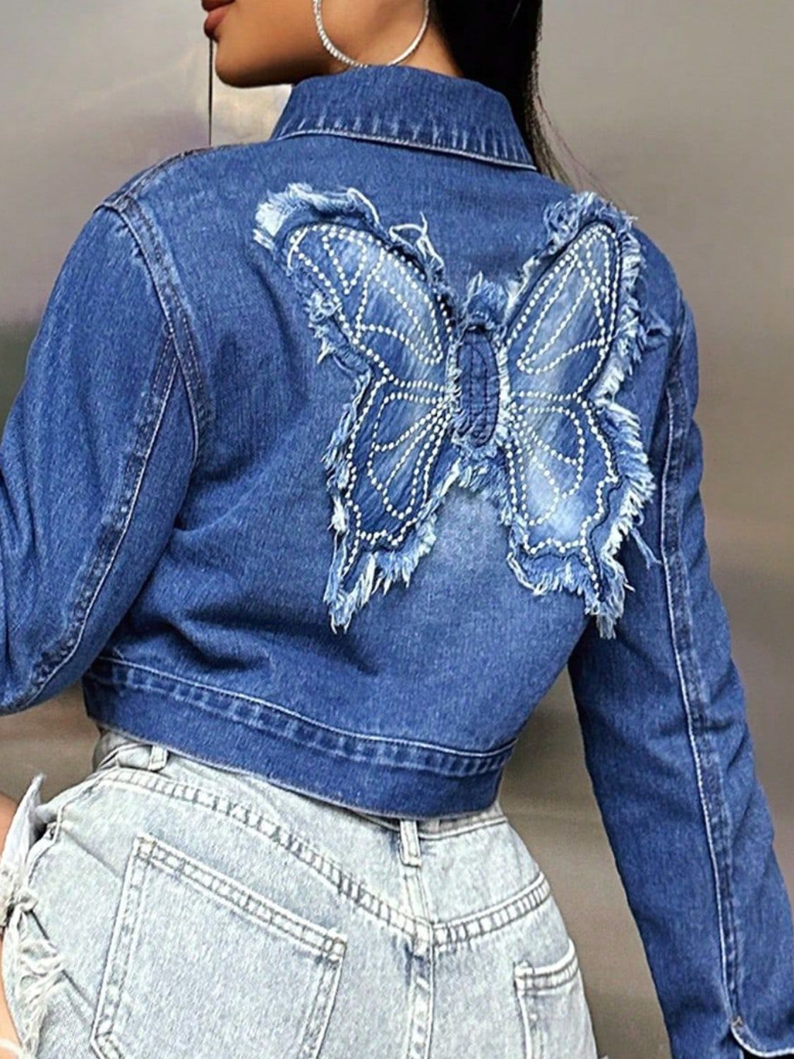 Butterfly Patch Long Sleeve Cropped Denim Top.