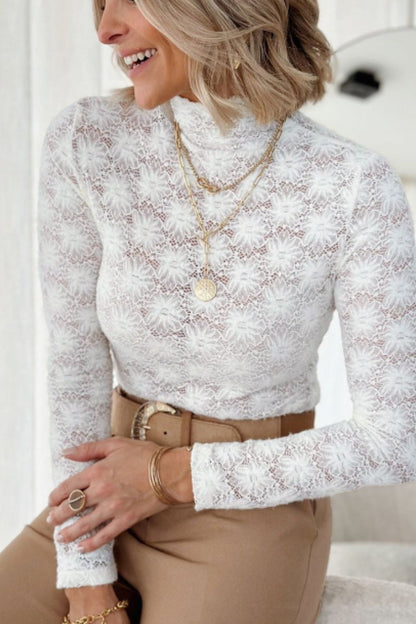 Mock Neck Long Sleeve Lace Top.