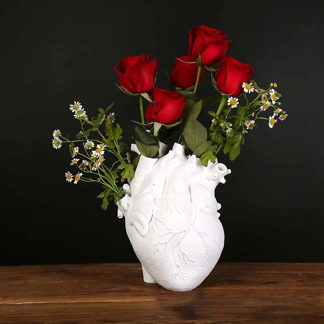 Anatomical Heart Vase for Flowers, Creative Resin Flower Pot Creative Heart Shaped Vase Countertop Desktop Ornament Table Desk Décor, White