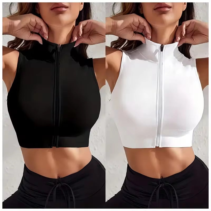 Women'S 2-Piece Set Close-Fitting Breathable Sexy Yoga Zipper Exercise Fitness Vest Top