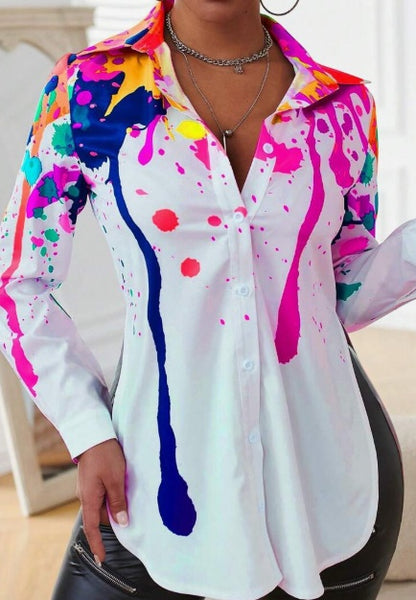 Ink-Splash Printed Side Slit Long Sleeve Shirt