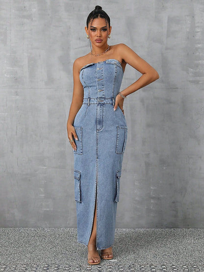 Women’s Slit Half Button Tube Denim Dress