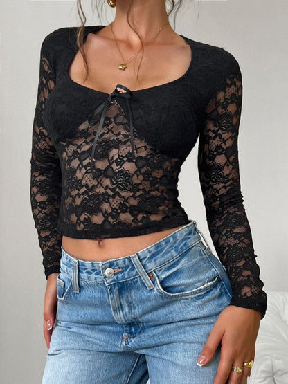 Scoop Neck Long Sleeve Lace Top