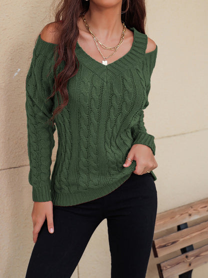 Honey Cable-Knit V-Neck Cold Shoulder Sweater.