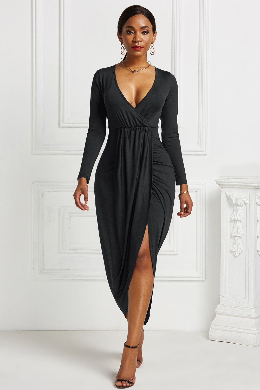 Women’s High-low Ruched Surplice Long Sleeve Dress.