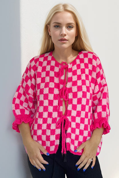 Women’s Checkered Dropped Shoulder Flounce Sleeve Cardigan