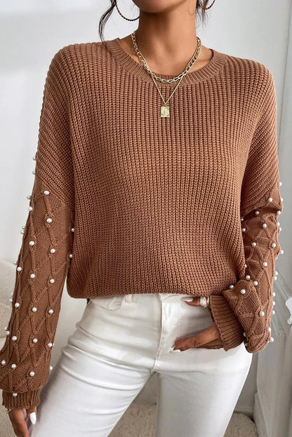 Pearl Detail Round Neck Long Sleeve Sweater.