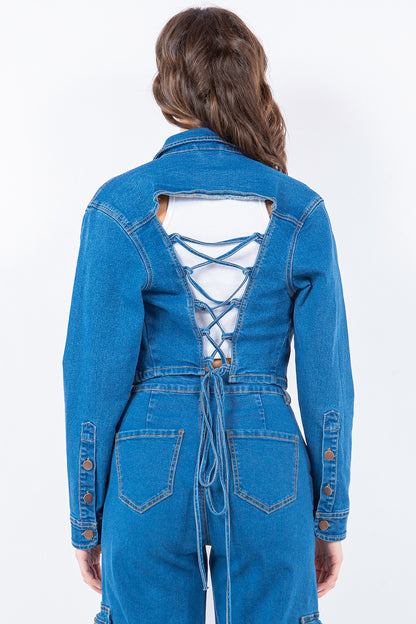 Women’s  Laced Back Cropped Denim Jacket